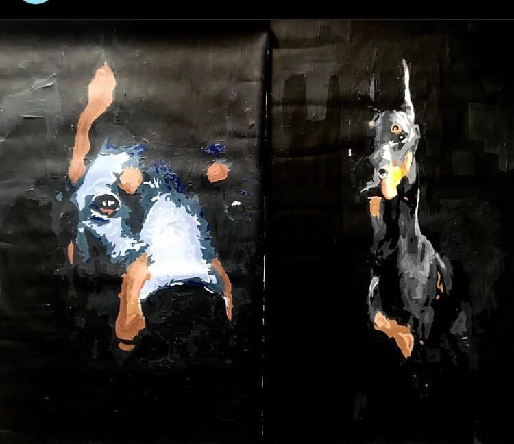 Dobermann, kétpaneles festményen