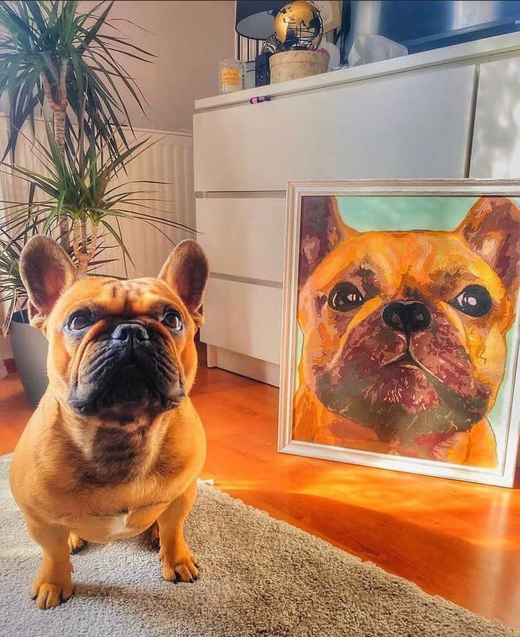 Francia bulldog a róla készült festett portré mellett