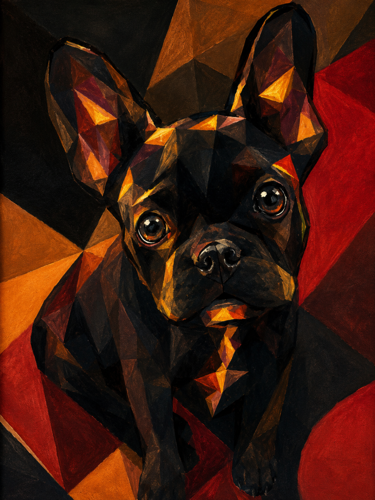 Fekete francia bulldog vörös-narancs geometrikus háttérrel